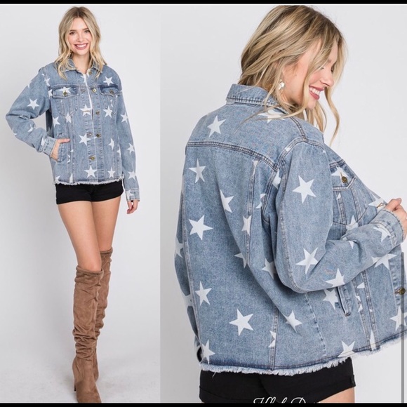 New! Sale 🎉Fabulous Star Print Denim Jean Jacket Button Down With Pockets - Picture 8 of 8